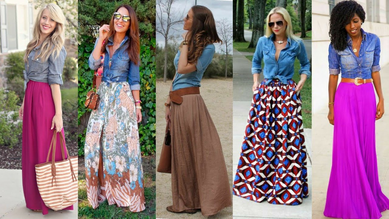 OUTFITS CASUALES CON CAMISAS VAQUERA Y FALDAS  LARGAS  MODA DENIM O MEZCLILLA LOOKS ELEGANTES 🧥
