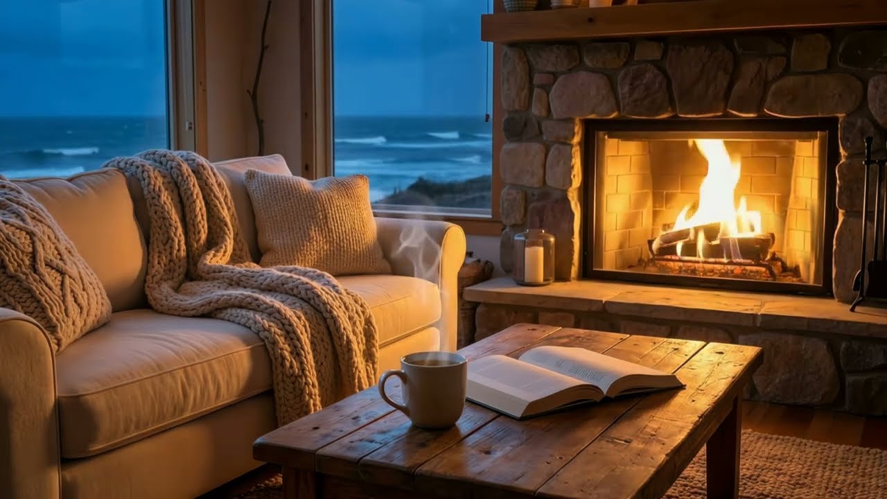 Cozy Cottage Fireplace & Ocean View 🔥🌊 | 2 Hours Ambient Music | 4K (10-Bit)