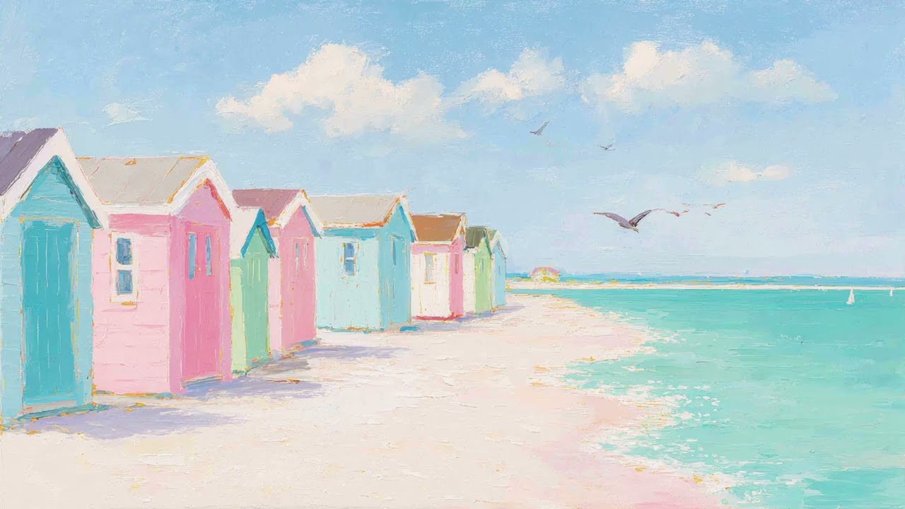 Seaside Pastel Beach Huts TV Art 4K 🏖️ Coastal Wallpaper for Home Decor