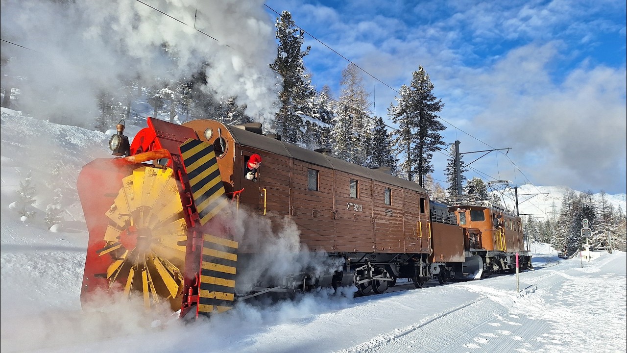 Dampfschneeschleuder Xrotd 6/6 9213 auf der Berninabahn – komplettes Schneeschleuderspektakel