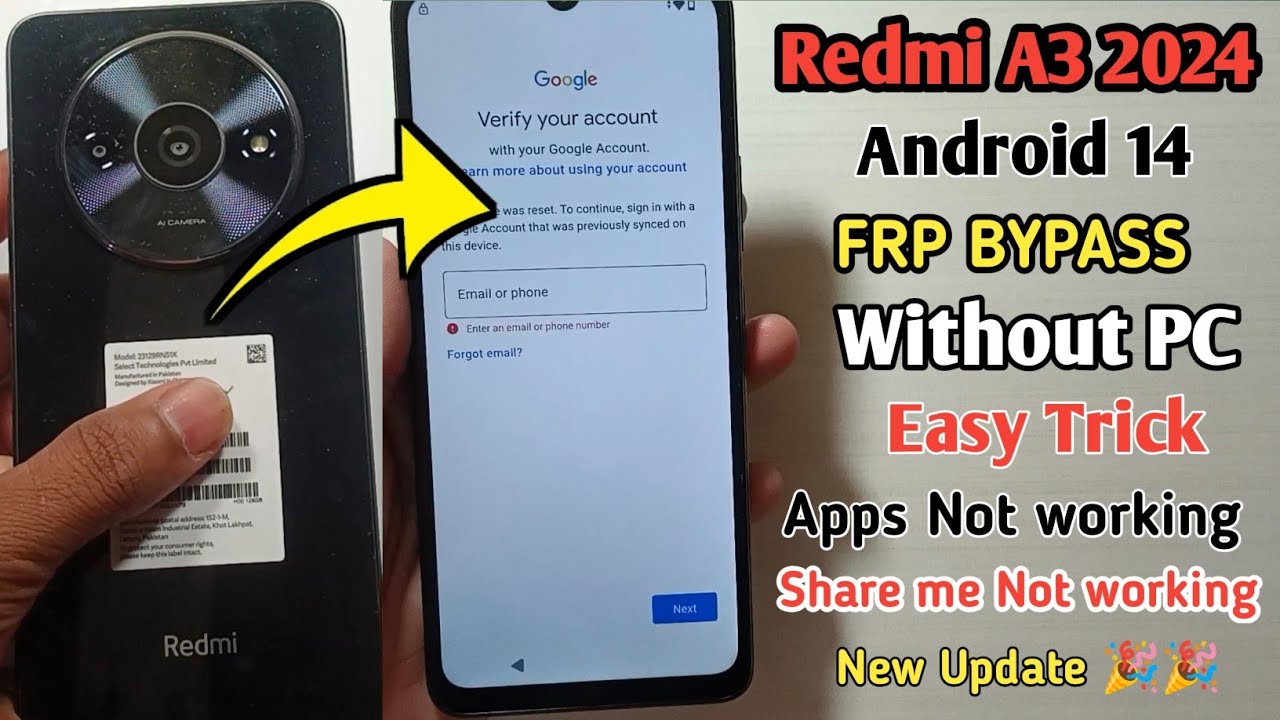 Redmi A3 2024 FRP Bypass Android 14 | Redmi A3 Frp Lock Kaise Tode | No Xshare, No Apps, sim card