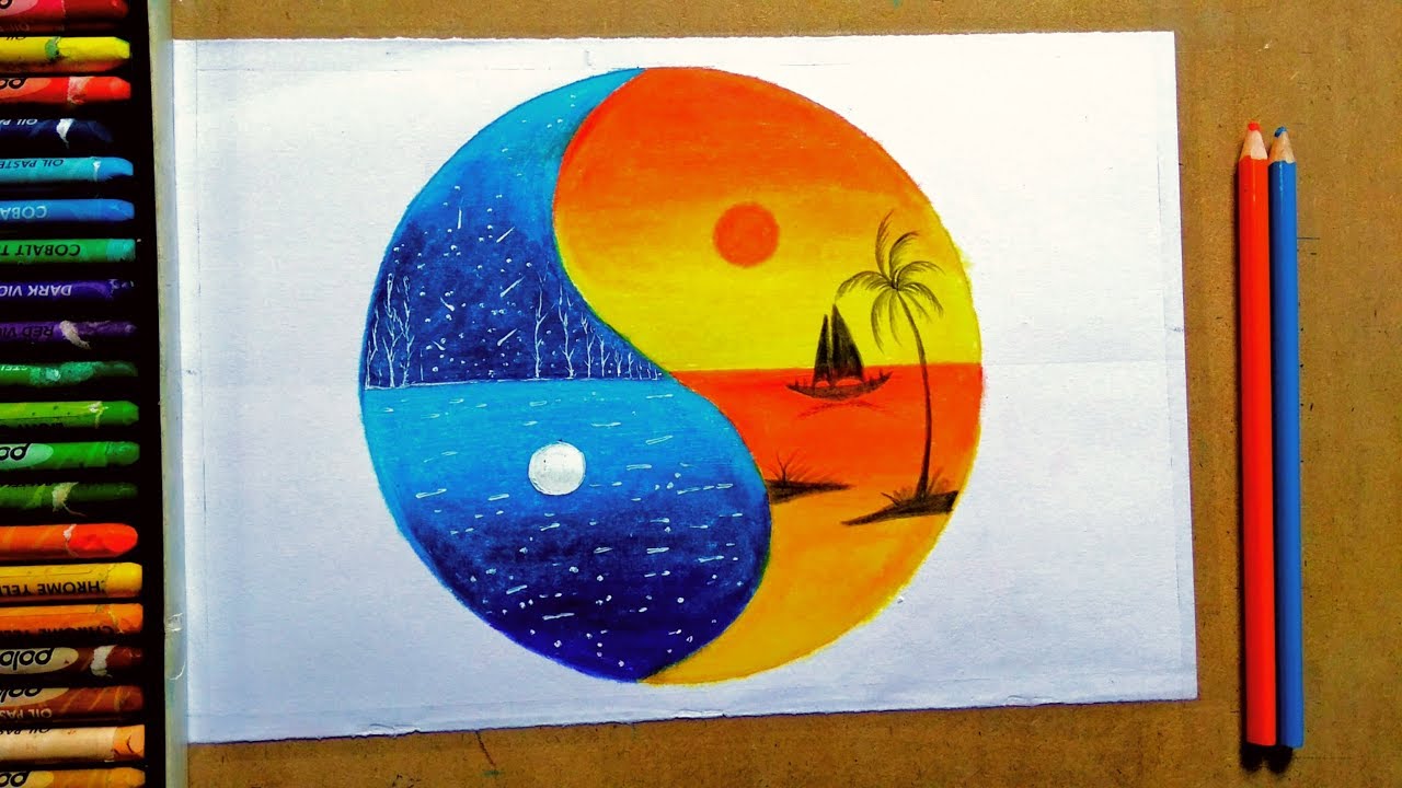 Wonderful unique legendary sunset and moonlight painting || oil pastel painting