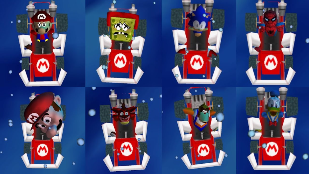 All Characters falling down with Karts in Dark Lava in Super Mario 64