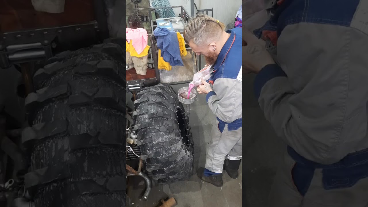 Заливаю герметик лонгвей в колёса для вездехода 