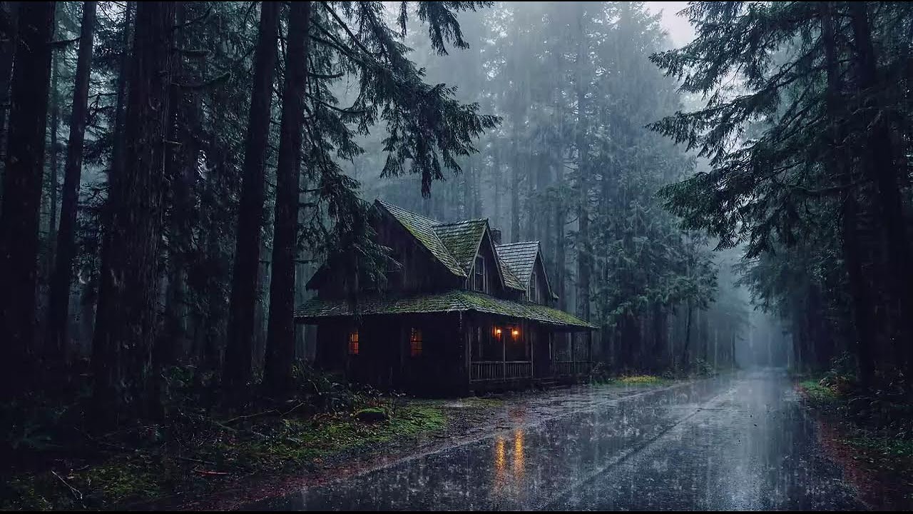 Thunderstorm in Dark Forest Surrounding Cozy Cabin