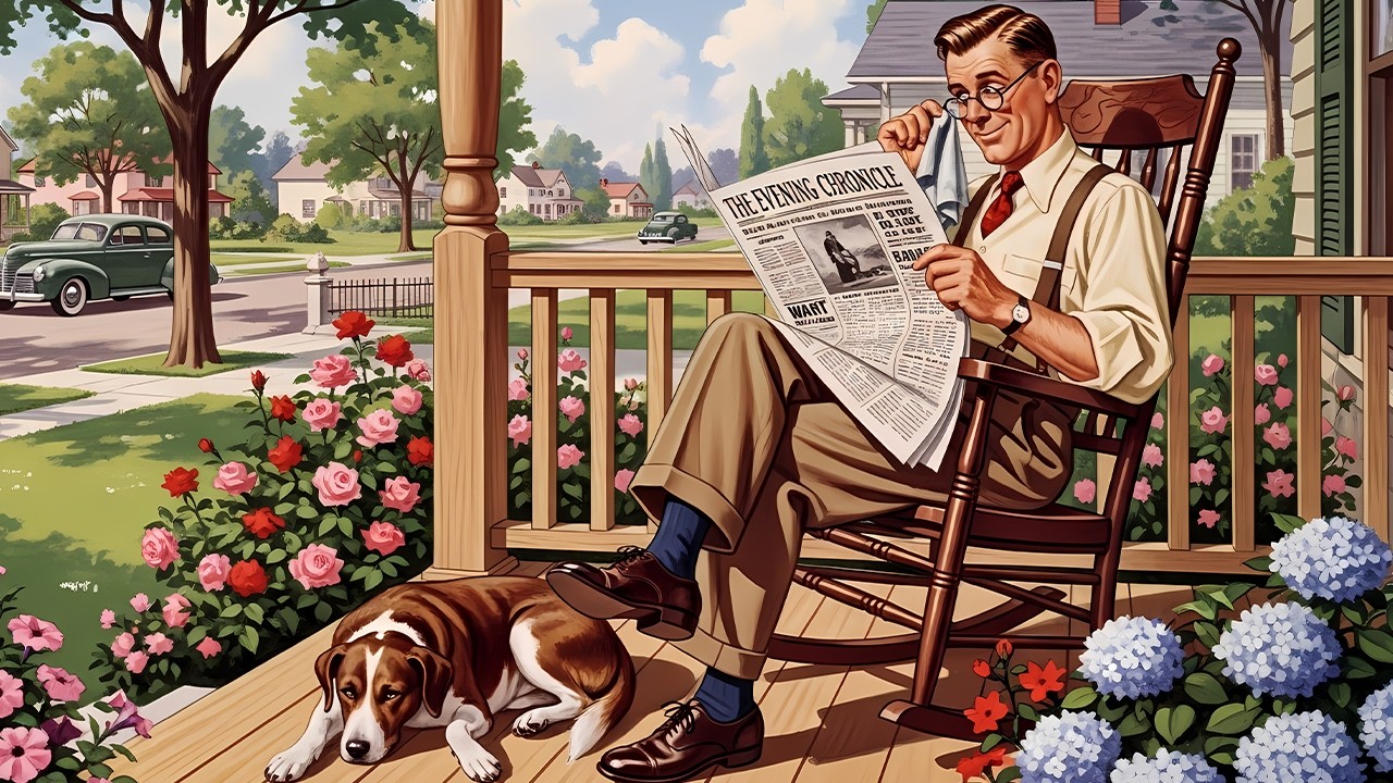 slow spring morning on the porch | cozy 1940s jazz radio while reading the morning paper