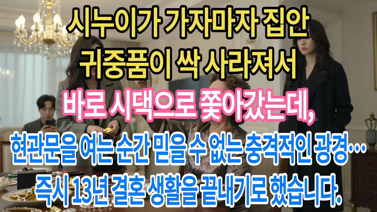 시누이가 가자마자 집안 귀중품이 싹 사라져서 바로 시댁으로 쫓아갔는데,현관문을 여는 순간 믿을 수 없는 충격적인 광경…즉시 13년 결혼 생활을 끝내기로 했습니다.|부모자식갈등 |