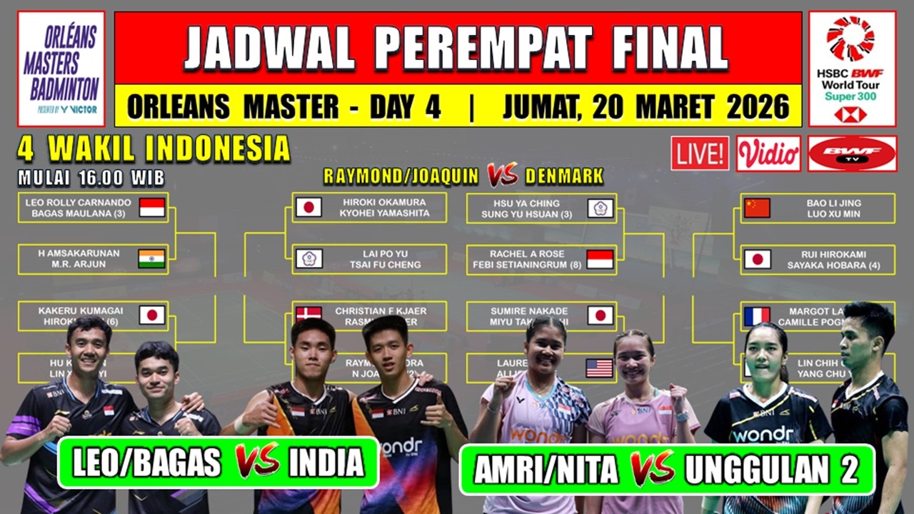 Jadwal 8 Besar Orleans Master 2026 Hari Ini ~ LEO/BAGAS vs INDIA ~ RAYMOND/JOAQUIN vs DENMARK