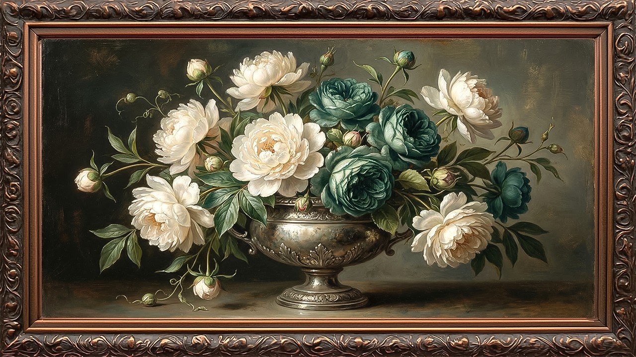 Premium Floral Oil Paintings | Deep Teal & White Roses | Luxurious Home Art