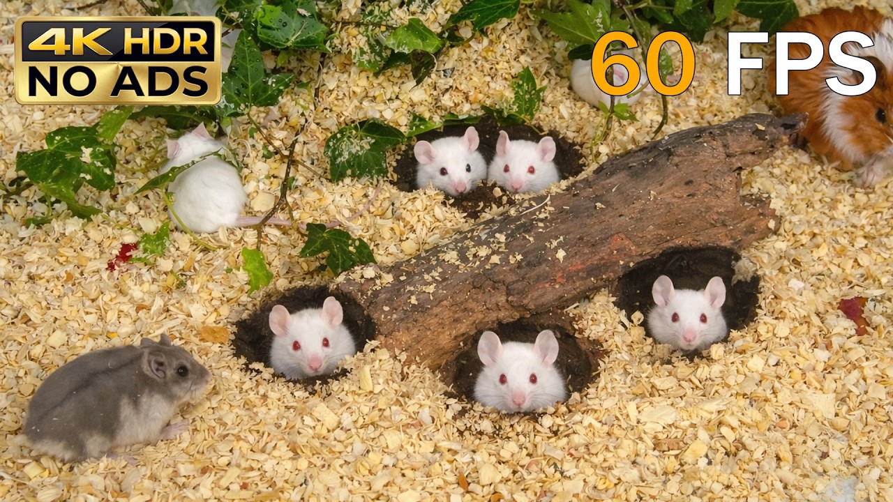 [NO ADS, NO AI] CAT TV 😺 White Mice Peeking from Underground Burrows & Hollow Logs 🐭 4K HDR 60FPS