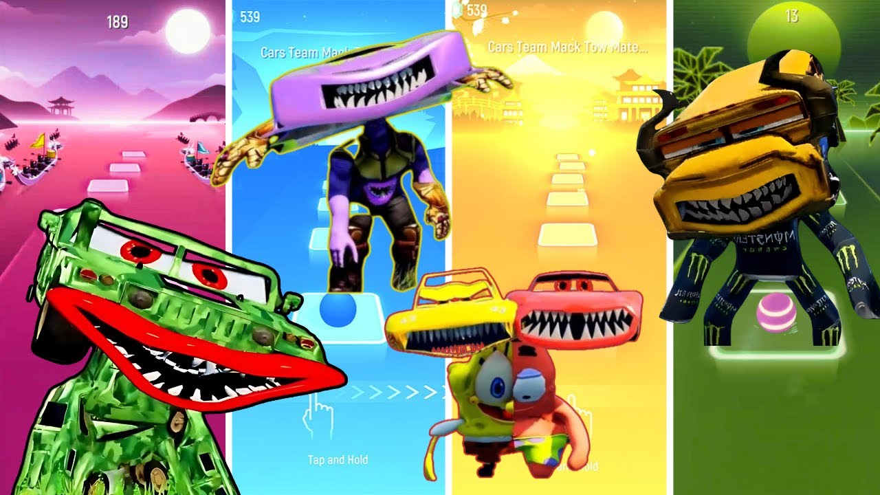 Jeep eater vs Giant pixar Thanos car vs Twins head mcqueen vs Bus monster head