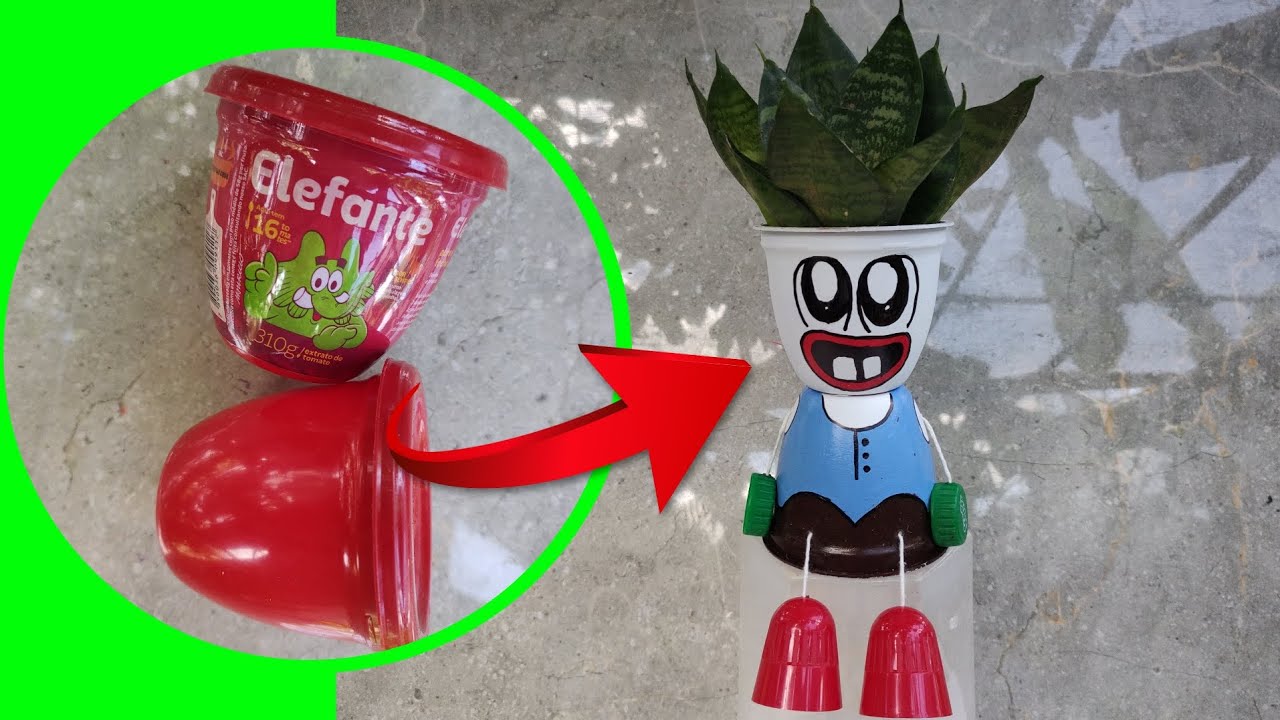 DIY - TRANSFORMANDO POTES DE EXTRATO DE TOMATE EM UM INCRÍVEL VASO EM FORMA DE BONECO!!!