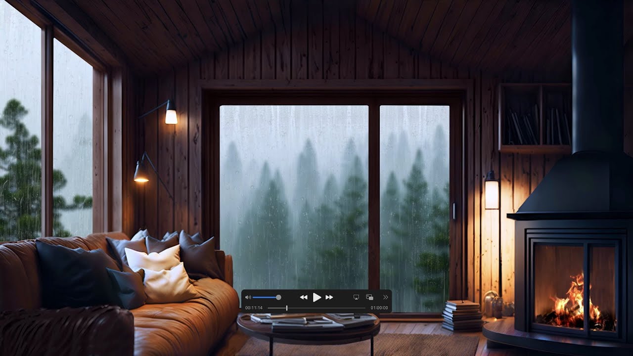 Cozy Mountain Top Cabin Ambience | Rain & Fireplace Sounds for Stress Relief and Relaxation