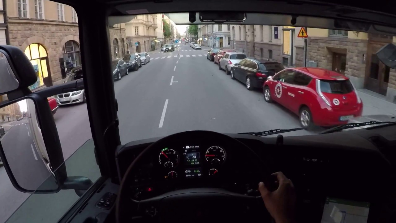 Stockholm City Relaxing drive out of tight garage, Scania P280 - Truck Driving (POV, gopro 5). 2017