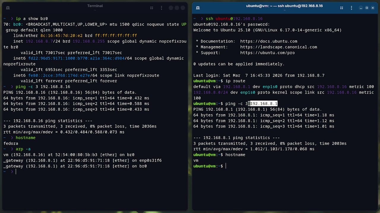 KVM Bridge Networking Tutorial | Ubuntu 25.10 VM Gets Real LAN IP on Fedora 43
