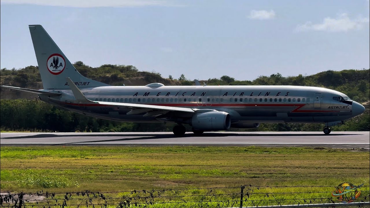Delayed American Airlines B737-800 AstroJet Retro Livery departing V.C Bird International Airport