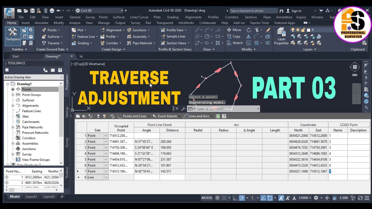 Close traverse calculation in civil 3d. part 03.