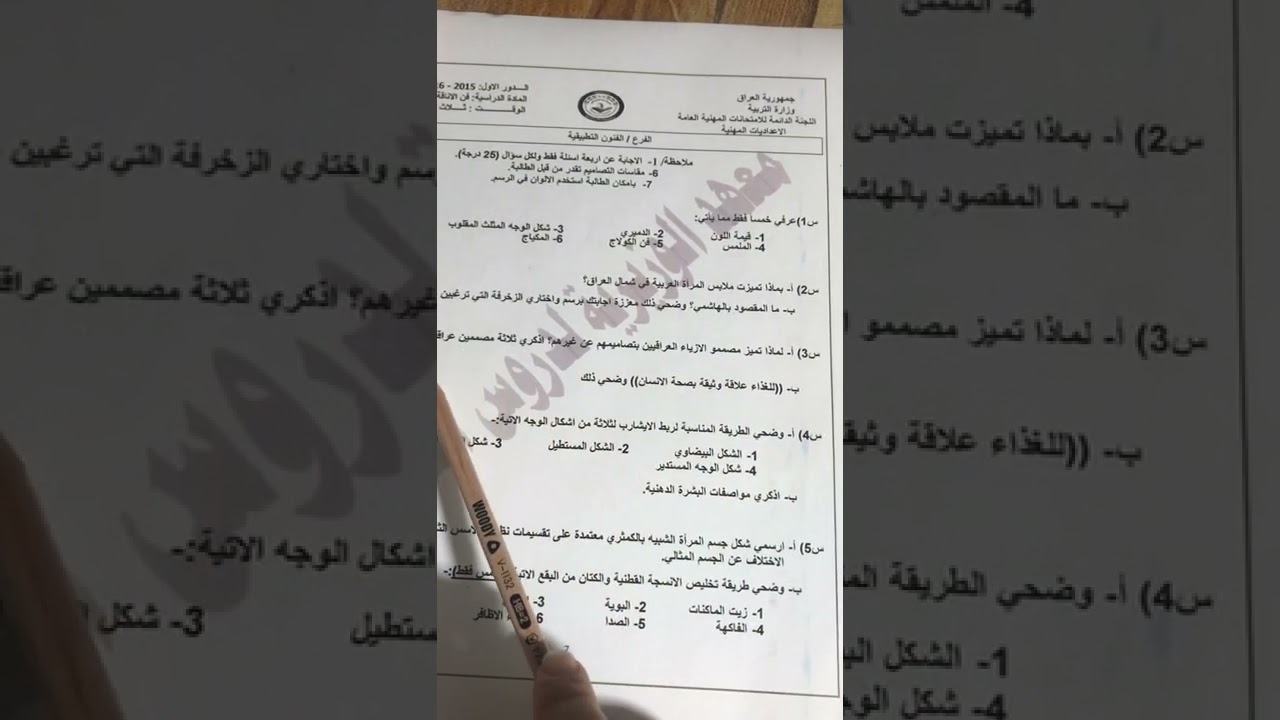 حل الاسئلة الوزارية مادة(فن الاناقة والازياء) الدور الاول ( 2015-2016)