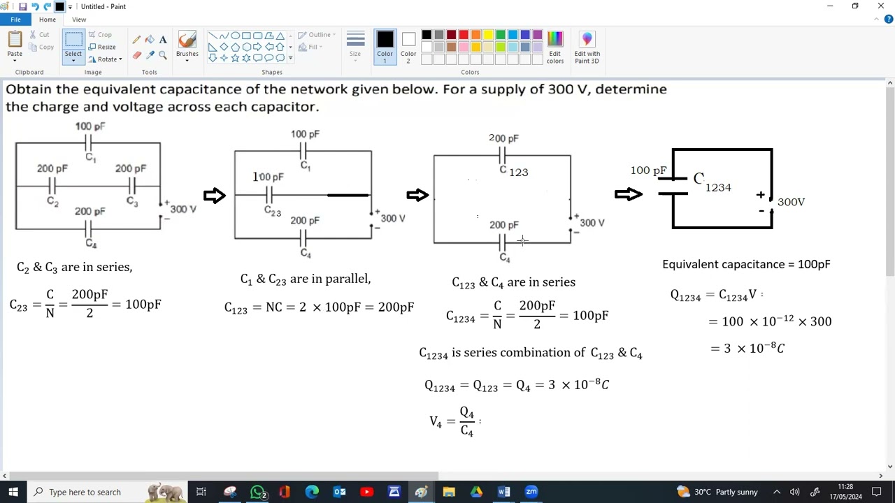 COMBINATION OF CAPACITORS, EFFECTIVE CAPACITANCE, VOLTGAE AND CHARGE ACROSS EACH CAPACITOR