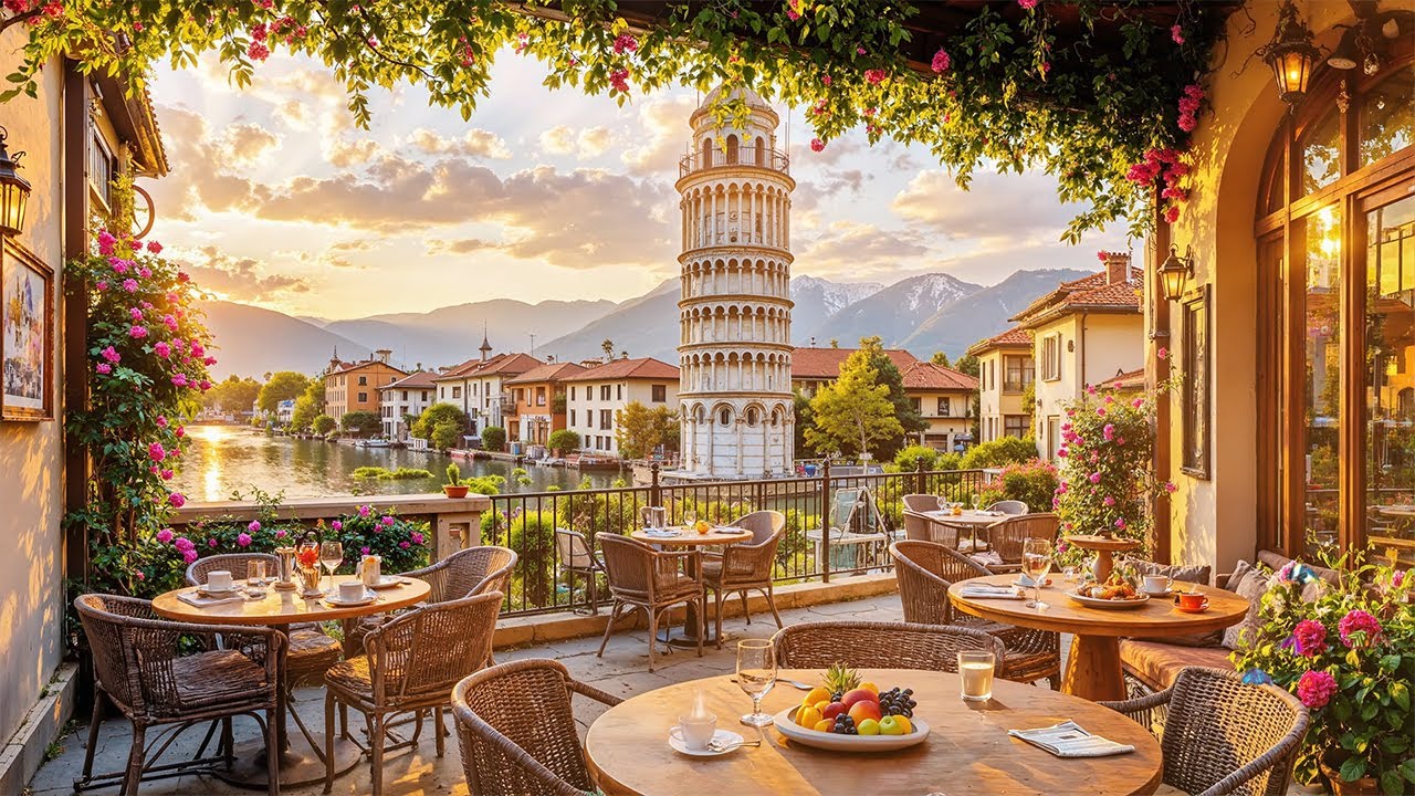 Elegant Spring Jazz for Relaxing - Gentle Morning at Porch Coffee Shop Ambience in Italy