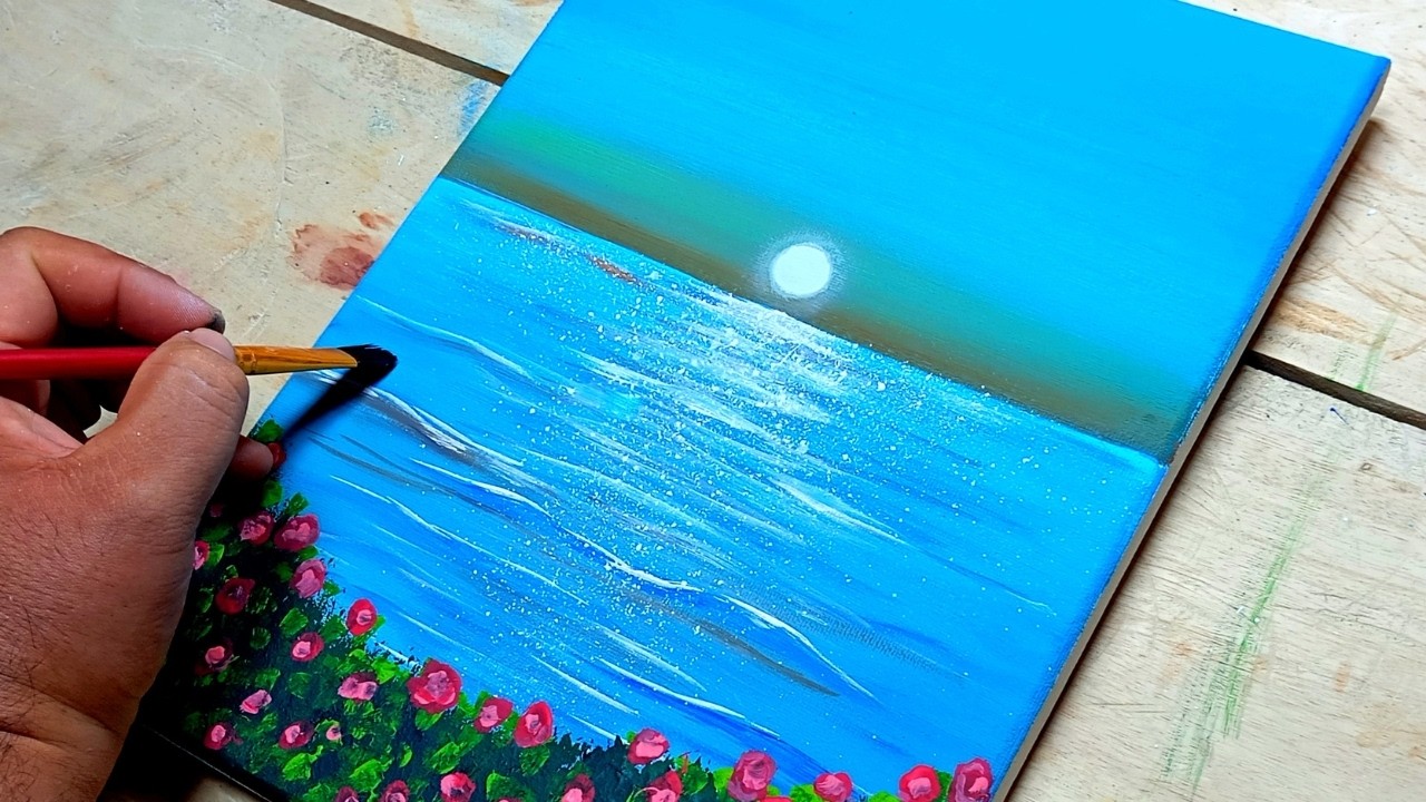Paisaje de primavera en la playa / Pintura acrílica fácil para principiantes / Tutorial paso a paso 