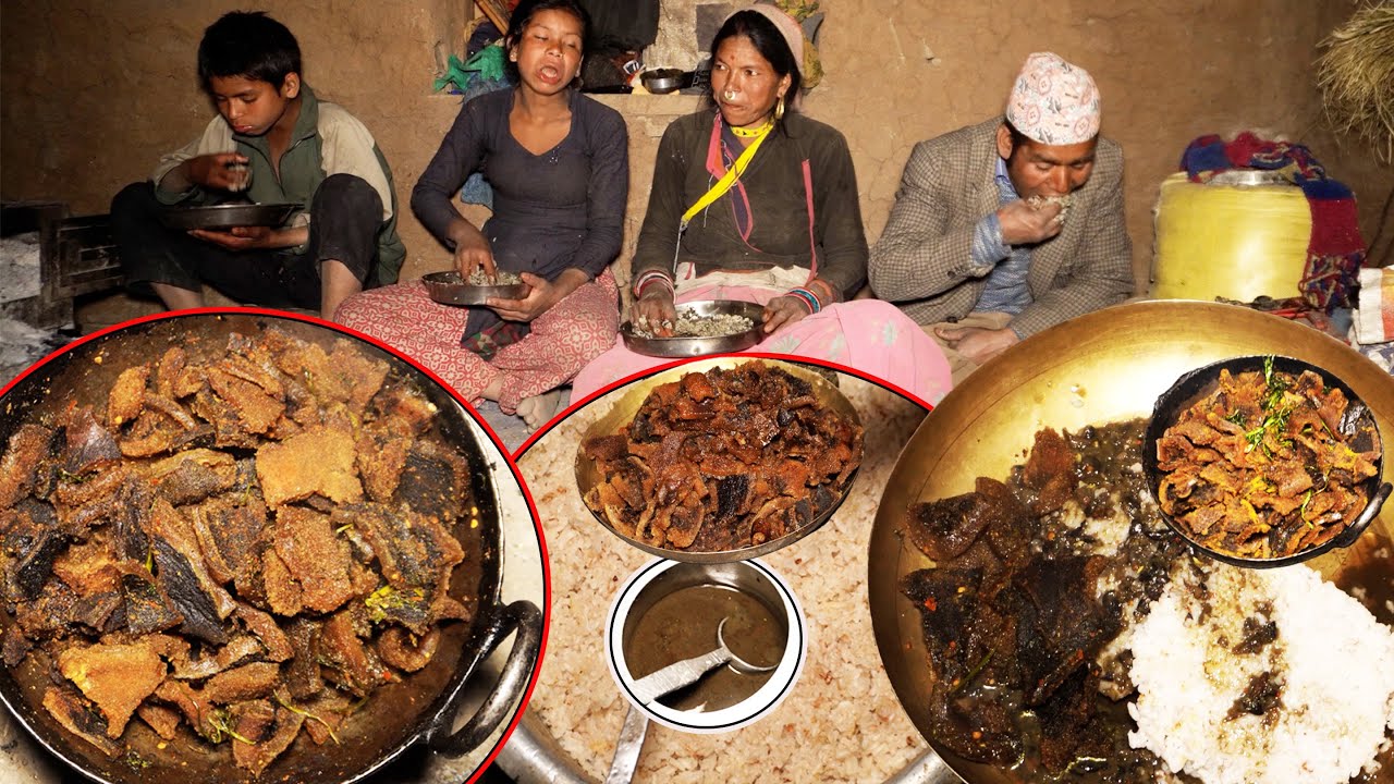 Buff Dry SKIN curry by dharme brother's family || village way to cook buff skin ||