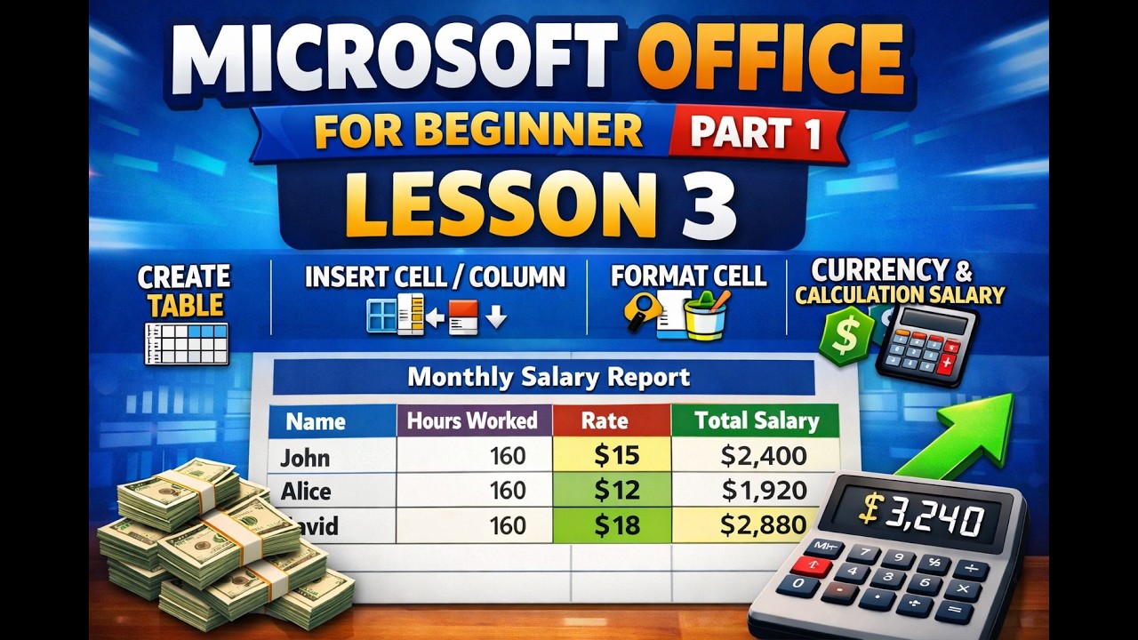 Lesson 3 Excel Tutorial for Beginners   – Create Table, Format Cells & Salary Calculation Part 1