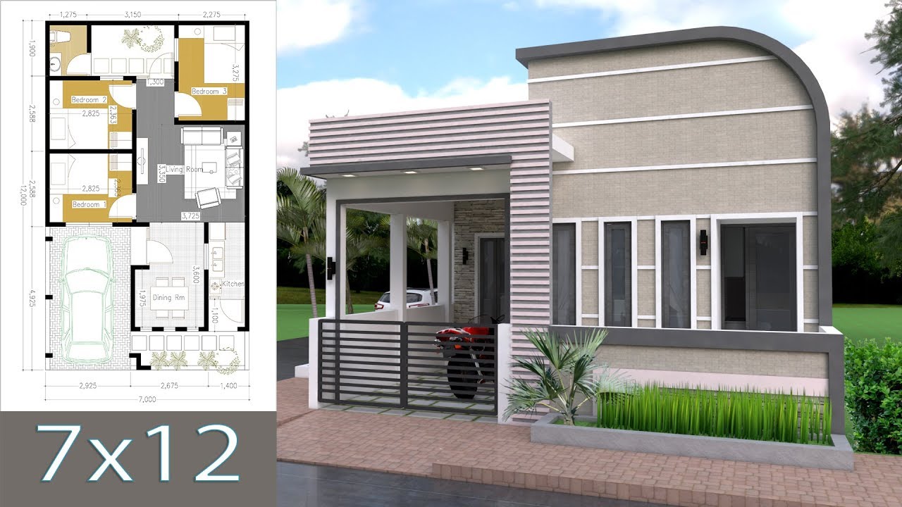 Sketchup One Story House with 3 Bedroom 7x12m