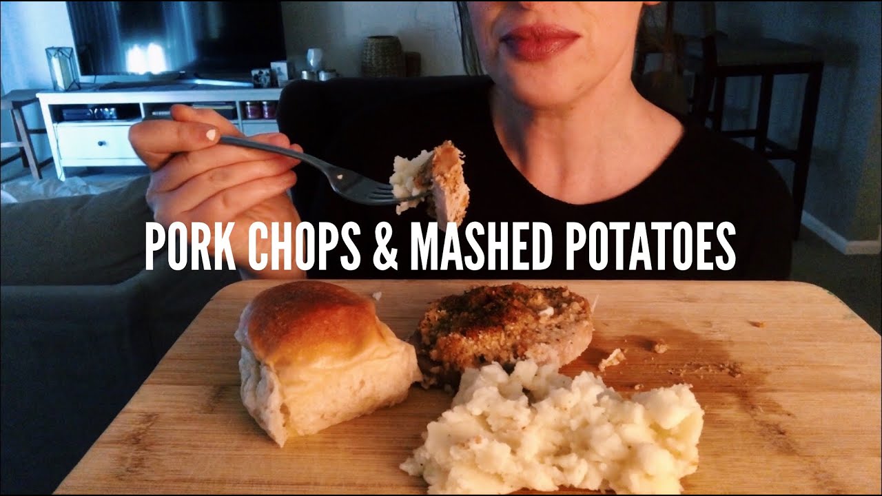 HOMEMADE PORK CHOPS & MASHED POTATOES | ASMR EATING SOUNDS