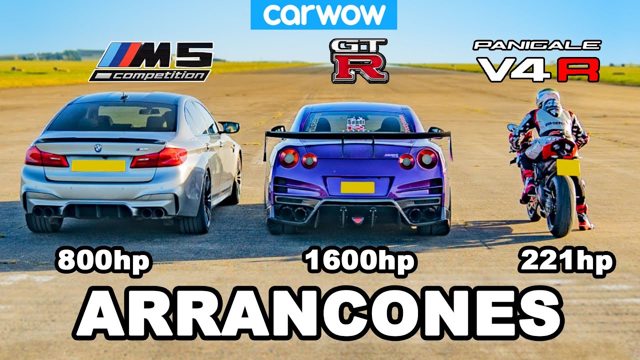 BMW M5 vs Nissan GT-R vs Ducati V4R - ARRANCONES *autos tuneados vs moto de fábrica*