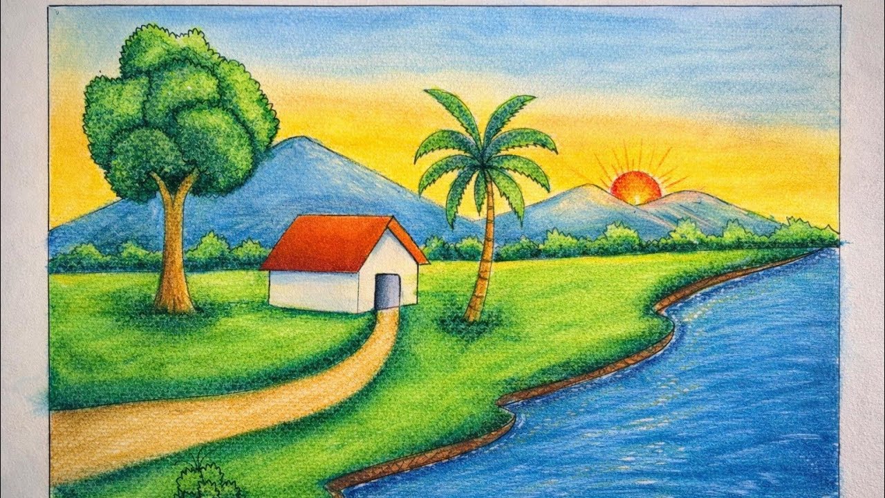 Beautiful scenery drawing |prakritik drishya kaise banaye #scenerydrawing #landscapedrawing 