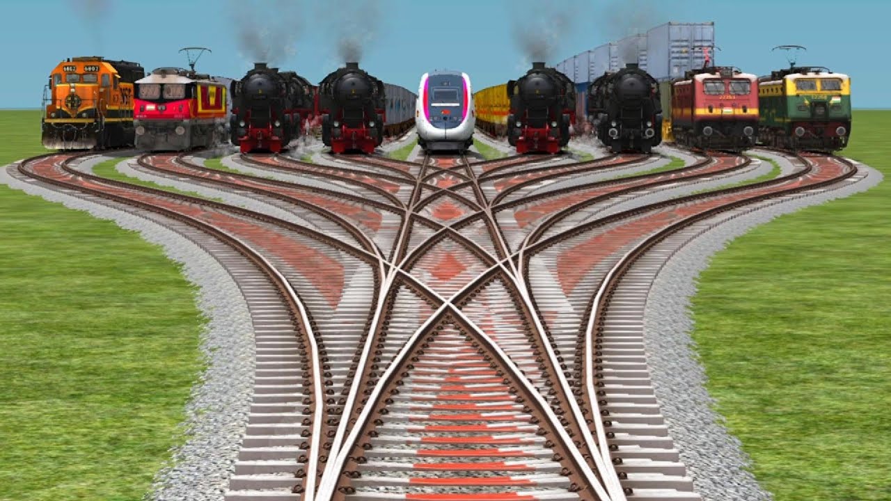 9 Indian Train Crossing Railroad Bye Railgadis || At On Daimond Branch Railway Tracks Simulator🤯