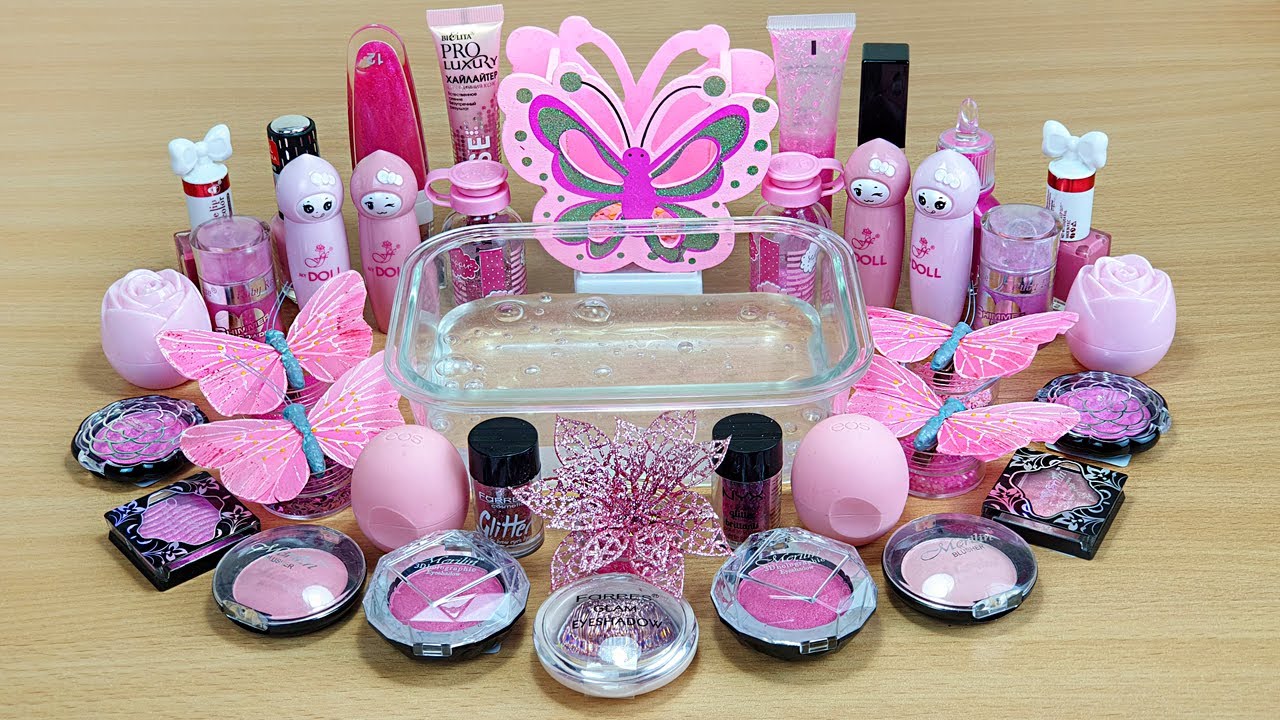 PINK BUTTERFLY SLIME Mixing makeup and glitter into Clear Slime Satisfying Slime Videos