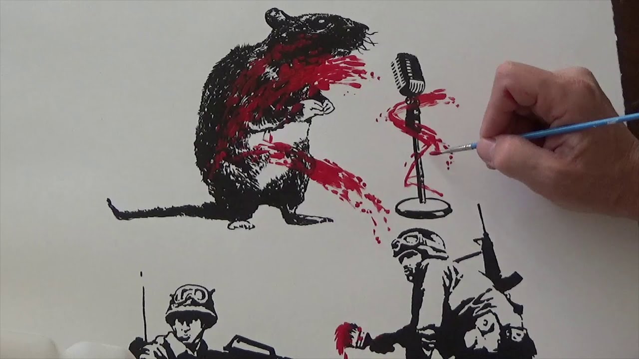 Hand Painted Blek le Rat's Rat on Screen Print of Banksy Soldiers process film.