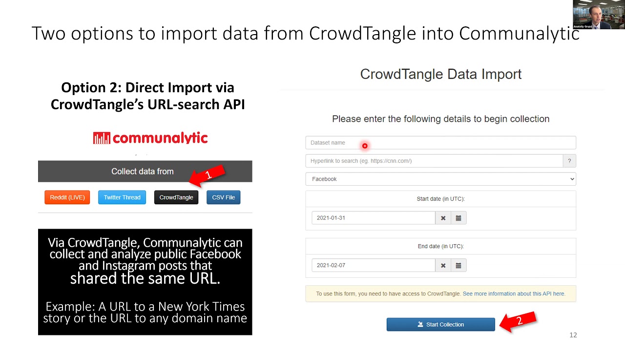 Data Collection via CrowdTangle (Facebook/Instagram) + 2-mode Semantic Nets + Twitter Bot Detection