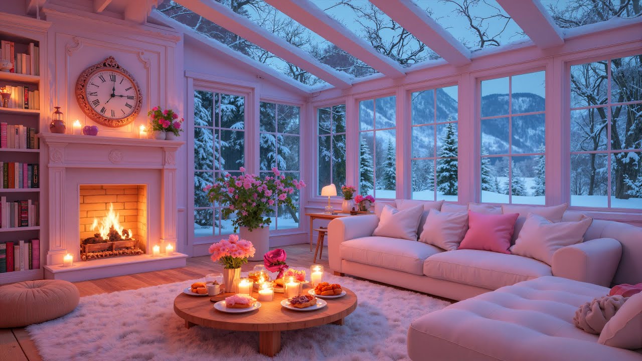 Winter Piano in Pink Living Room ❄️🔥 Fireplace Ambience & Snowy Night for Deep Sleep, Focus & Study