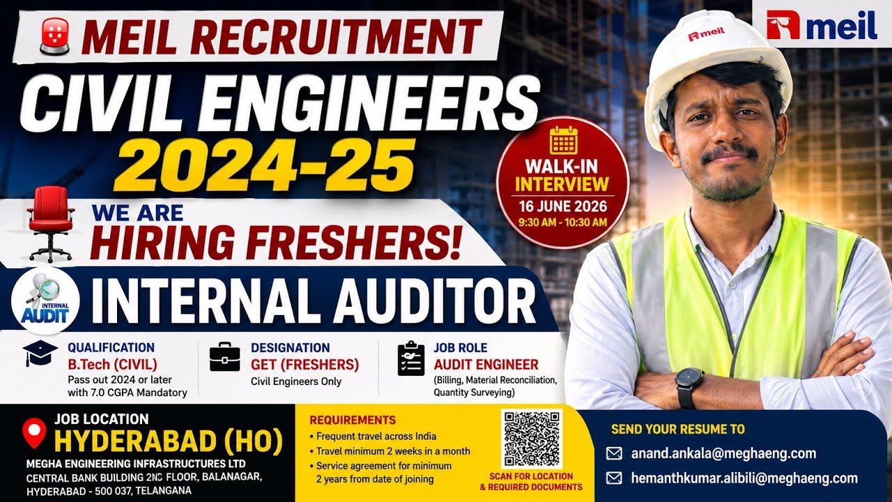 MEIL Recruitment 2026 for Civil Engineers | Walk-In Interview for Freshers | GET Jobs Hyderabad