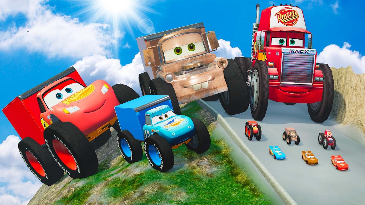 Epic Battle Big & Small Lightning McQueen vs Small Pixar Cars with Big Wheels in BeamNG Drive!