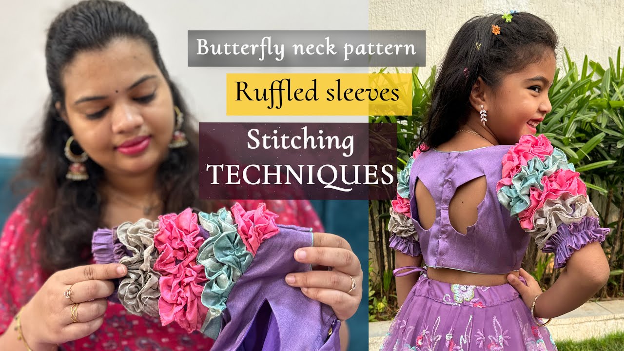 ruffled sleeves & butterfly pattern neck design stitching techniques #cndufabrics #cnduoutfits