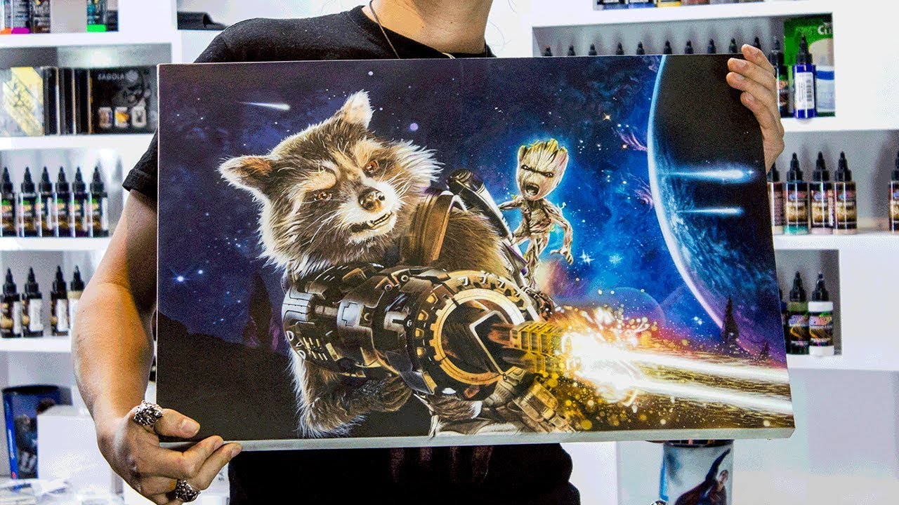 Hyperrealistic airbrush Painting Baby Groot and Rocket (Guardians of the Galaxy) Rafa Fonseca