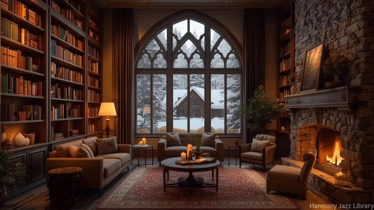 Calming Winter Jazz Snowy Cabin Library Retreat for Reading Comfort, Warm Lights & Quiet Focus