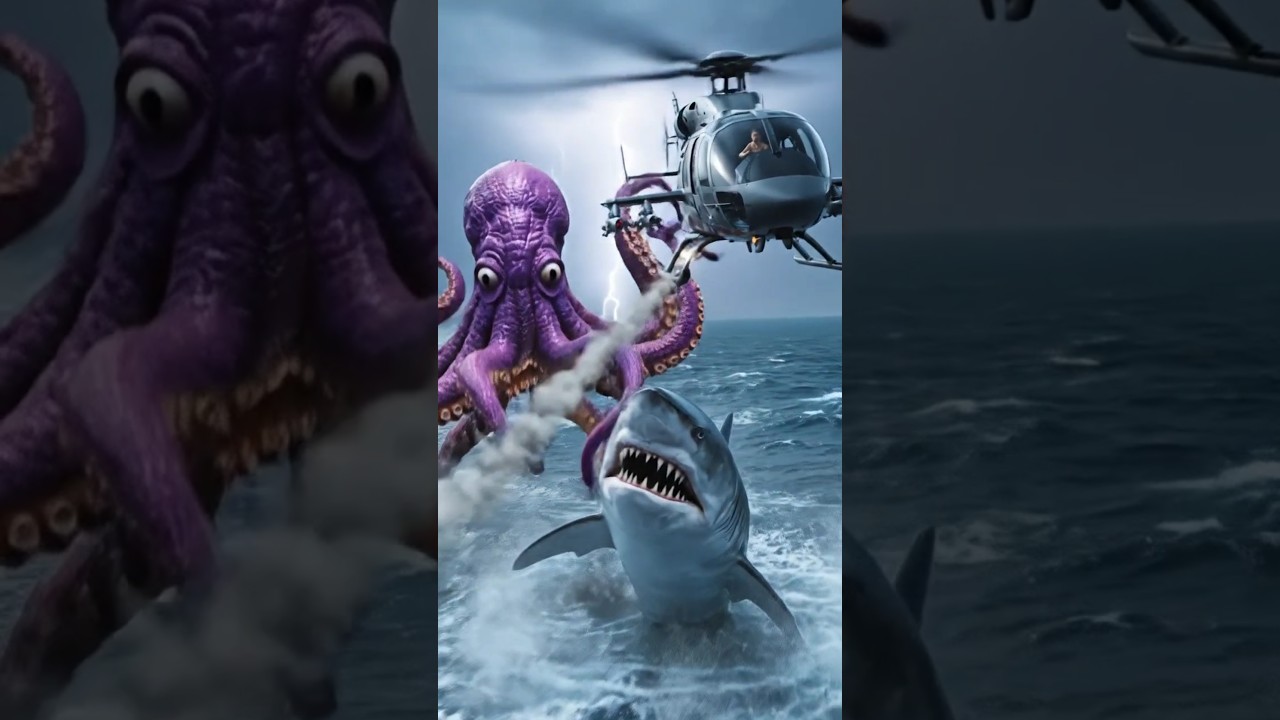 Акула и осьминог сражаются 