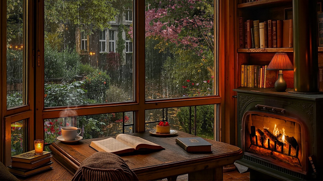 Warm February Rainy Café with Jazz 🌧️ Secret Garden & Fireplace Vibes for Study & Work