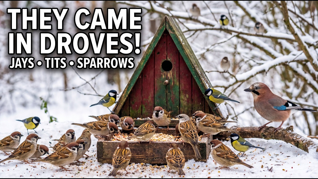 Snowy Bird Feeder Frenzy ❄️ Sparrows & Great Tits + Eurasian Jay Visit  Real Nature Sounds Cat TV