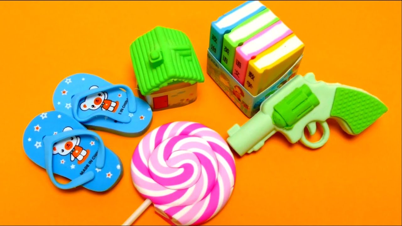 Eraser for School - Lollipop Eraser, Toy Revolver, Flip Flop & Eraser Books