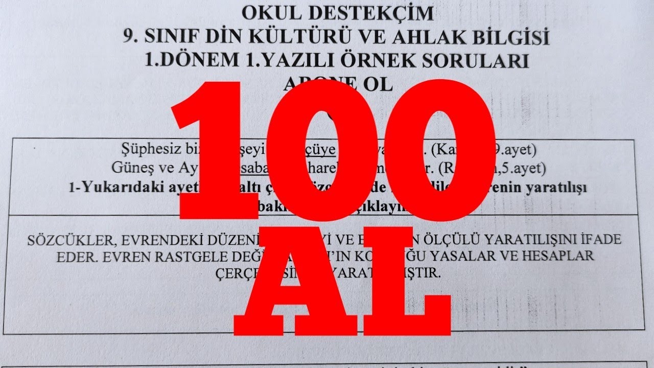 9. Sınıf Din Kültürü 1. Dönem 1. Yazılı 