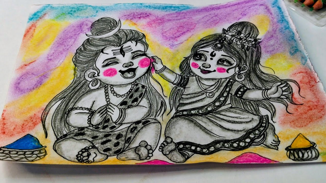 Baby Shiv Parvati Holi Drawing/Holi Special shiv parvati ki drawing/Cute Little Shiv Parvati drawing