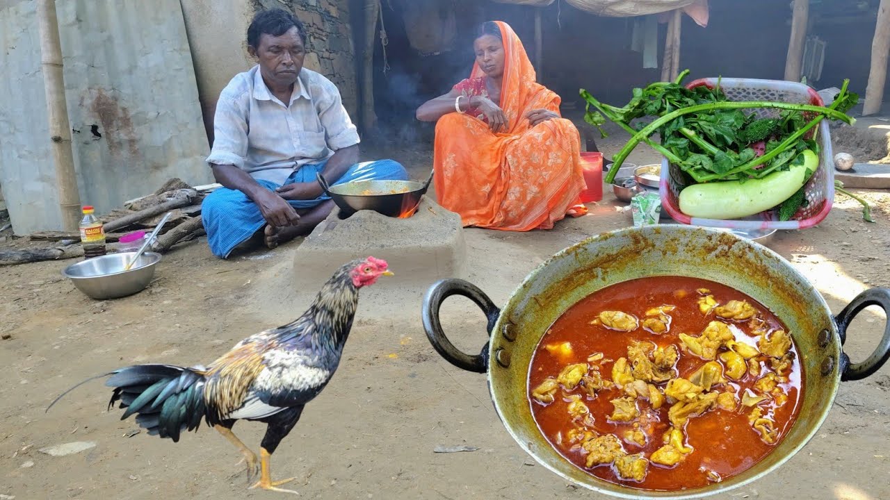 tribal couple cooking and eating COUNTRY CHICKEN curry & PUI KUNDRU|desi chicken recipe|rural life
