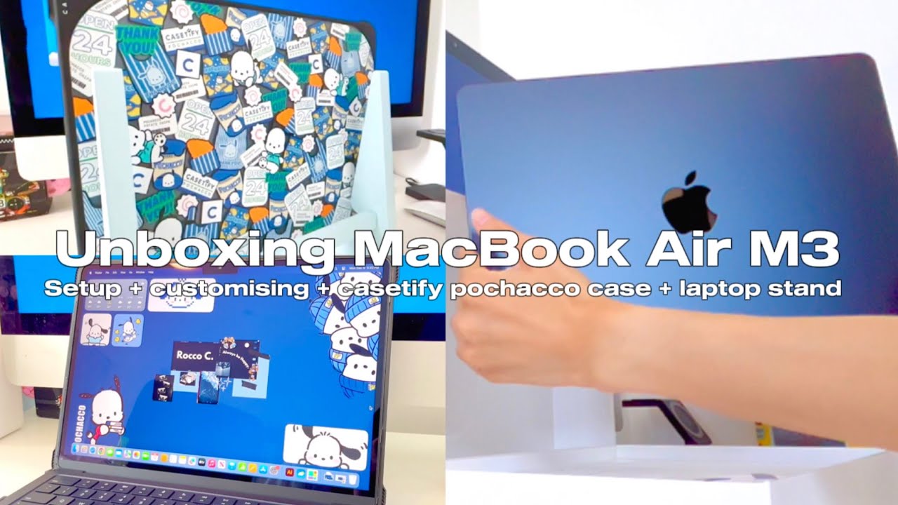 ੈ✩‧₊˚ unboxing macbook air M3 | setup + customising + casetify pochacco sanrio case + laptop stand