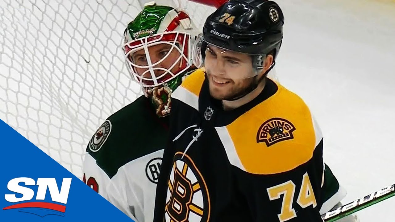Jake DeBrusk Laughs It Up After Puck Bounces Off His Chest For Goal